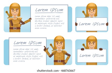 Set of golden knight characters posing with different banners. Cheerful knight holding placard, paper, poster. Teach, advertise, promote. Flat style vector illustration