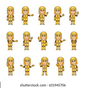 Set of golden knight characters showing various hand gestures. Cheerful knight pointing, greeting, showing victory, stop sign, thumb up and other hand gestures. Simple vector illustration