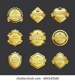 Set of golden labels best choice premium quality isolated on black. Collection of blank round polished gold metal badges. Vector illustration in cartoon style for infographics, websites,app.