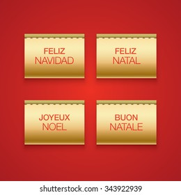 Set of golden labels, with "Merry Christmas" sign in different languages (Spanish, Portuguese, French, Italian)