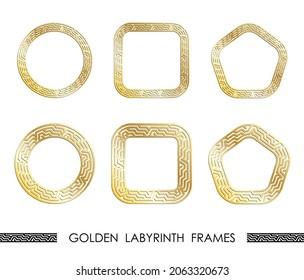 Set of golden LABYRINTH round and square frames for decorative headers. Golden ancient greek ornaments isolated on white background. Vector