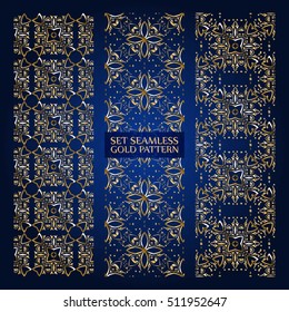 Set of golden lace pattern, decorative elements, borders for design. Seamless floral ornament. Page decoration. Vector illustration EPS 10. All patterns are seamless placed in a mask