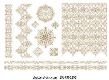 Set of golden  laced vector border ornaments, decorative elements, rosettes on white background