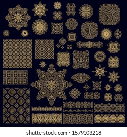 Set of golden  laced vector border ornaments, decorative elements, rosettes on dark background