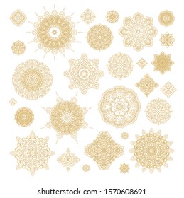 Set of golden  laced  vector decorative rosettes mandalas, snowflakes  on white  background