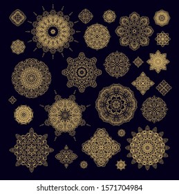 Set of golden  laced  vector decorative rosettes mandalas, snowflakes  on dark  background