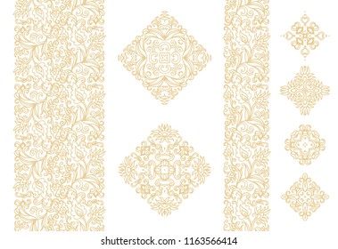 Set of golden laced vector ornamental borders and ornamental rhombus on white background, oriental style