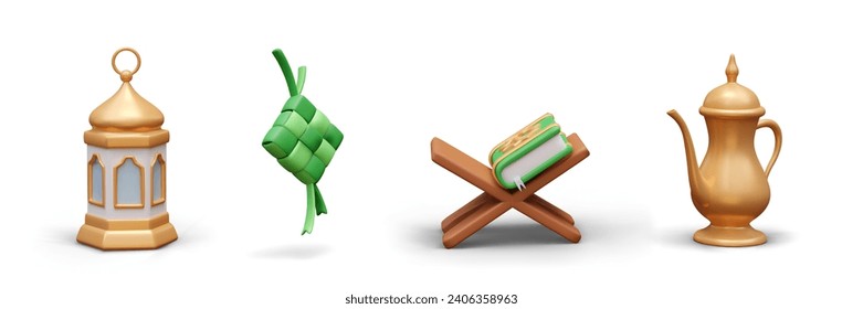 Set of golden lantern, realistic green ketupat, wooden stage with Quran, and beautiful kettle for traditional drinks. Vector illustration in 3d style on white background