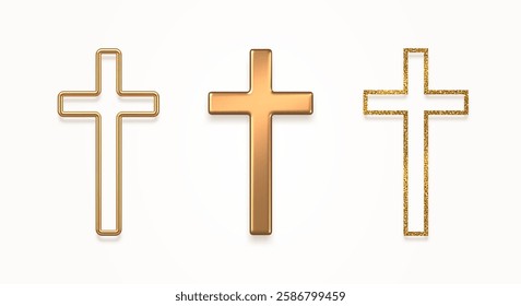 Set of golden latin religious cross. 3d gold metal catholic cross. Vector illustration.