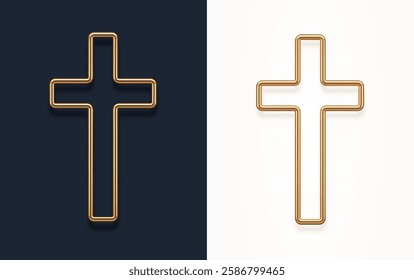 Set of golden latin religious cross. 3d gold metal catholic cross. Vector illustration.