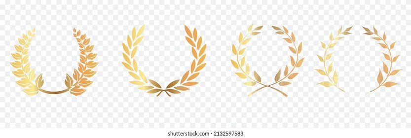 Set of Golden laurel or olive greek wreath vector illustration isolated on transparent background