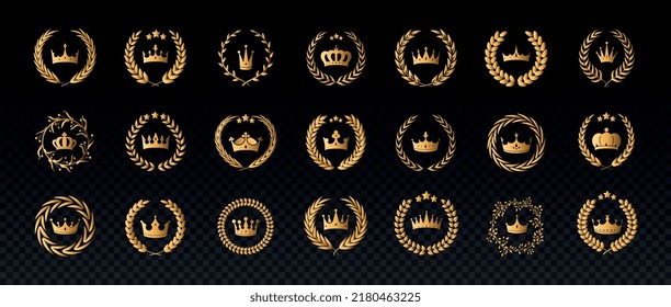 Conjunto de laurel dorado o coronas de aceitunas. Ramas elegantes con coronas reales o tiaras. Premio o premio por logro. Copiar espacio. Colección vectorial 3D realista aislada en fondo transparente