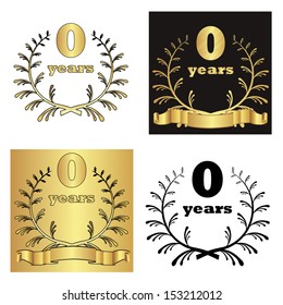 set of golden laurel wreath with golden digit of jubilee years, golden ribbon on golden, black and white background. eps10 vector illustration 