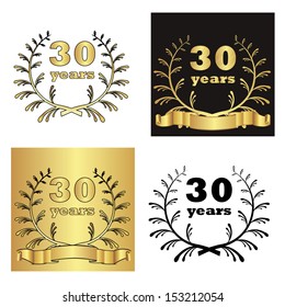 set of golden laurel wreath with golden digit of jubilee years, golden ribbon on golden, black and white background. eps10 vector illustration 