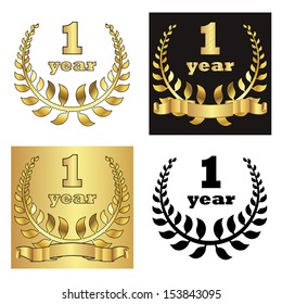 set of golden laurel wreath with golden digit of jubilee years, golden ribbon on golden, black and white background. eps10 vector illustration