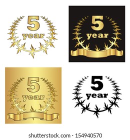 set of golden laurel wreath with golden digit of jubilee years, golden ribbon on golden, black and white background. eps10 vector illustration