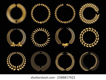 Set of golden laurel wreath on a black background vector illustration.