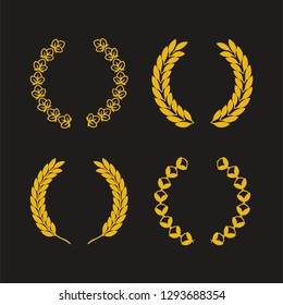 set of golden laurel wreath symbol leaves for champion, winner, or sign retro classic vintage. 