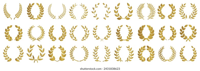 Set of Golden Laurel Wreath for Trophy Cup. Leaves frame, swirls, laurel wreath, award decoration	
