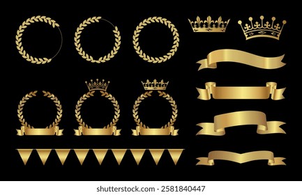 Set of golden laurel wreaths and crowns, ribbons, laurel wreaths of different shapes for winners. Luxury leadership award on dark background. Golden award ribbon banners for text, Label.