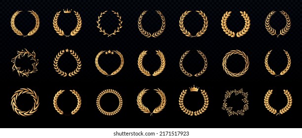 Set golden laurel wreaths  Elegant organic plant leaf awards in various shapes  Beautiful design elements for logos  covers   cards  Gradient 3D vector collection isolated black background