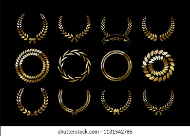 Set of golden laurel wreaths isolated on black background. Vector design elements.