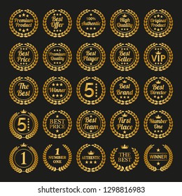 Set of golden laurel wreaths on black background. Vector Illustration