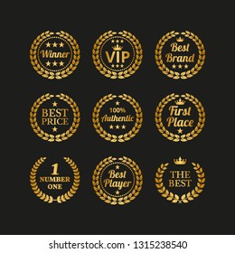 Set of golden laurel wreaths on black background. Vector Illustration