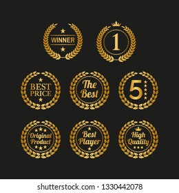 Set of golden laurel wreaths on black background. Vector Illustration