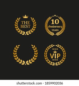 Set of golden laurel wreaths on black background.