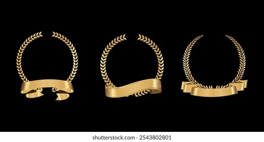 Set of golden laurel wreaths with ribbon. Vector on black background