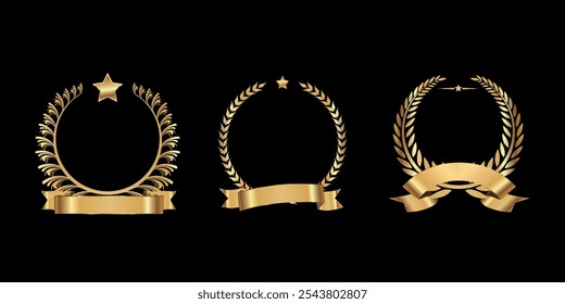 Set of golden laurel wreaths with ribbon. Vector on black background