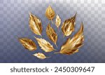 A set of golden leaves of different sizes and shapes. 3D realistic render of gold items on a transparent background. Reflection and glare on each element. Vector illustration.