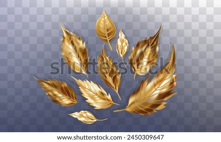 A set of golden leaves of different sizes and shapes. 3D realistic render of gold items on a transparent background. Reflection and glare on each element. Vector illustration.