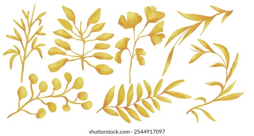 set of golden leaves element for design. simplistic,watercolor, and abstract concept. nature, plant, autumn, forest, and decoration themes