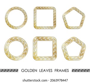 Conjunto de marcos redondos y cuadrados de HOJAS doradas para cabeceras decorativas. Ornamentos dorados florales aislados en un fondo blanco. Vector