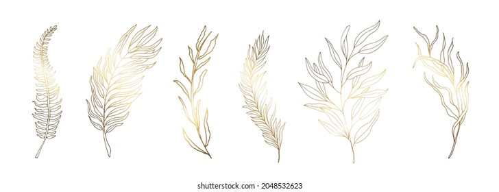 Set golden leaves. Silhouettes of golden branches with leaves. The illustration is decorated in a modern minimalist style. On white background. Vector file