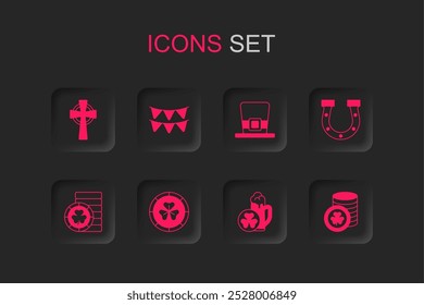 Set Golden leprechaun coin, Carnival garland with flags, Celtic cross, Glass of beer, Horseshoe, Leprechaun hat and  icon. Vector