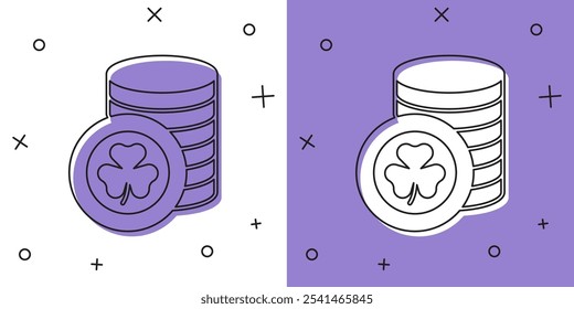 Moneda dorada del duende con el icono de la hoja del trébol del trébol aislado en el fondo blanco y púrpura. Feliz día de San Patricio. Fiesta nacional irlandesa.  Vector