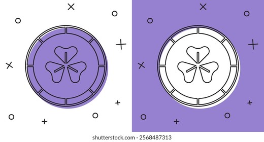 Set Golden leprechaun coin with clover trefoil leaf icon isolated on white and purple background. Happy Saint Patricks day. National Irish holiday.  Vector