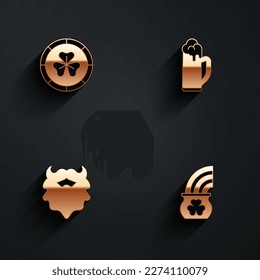 Set Golden leprechaun coin, Glass of beer, Mustache and beard and Pot gold with rainbow icon with long shadow. Vector