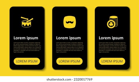 Set Golden leprechaun coin, Mustache and Drum with drum sticks. Business infographic template. Vector