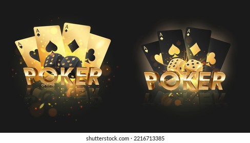 Eine Reihe von goldenen Buchstaben Poker mit schwarzen und goldenen Würfeln, Spielkarten auf schwarzem Hintergrund mit goldenen Lichtern, Funkeln und Bokeh. Vektorgrafik für Casino, Spieledesign, Werbung