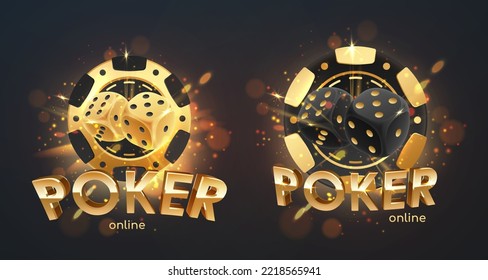 Set of golden letterings Poker online with gold and black poker chip, token, dices on black background with gold lights, sparkles and bokeh. Vector illustration for postcard, web, advertising.