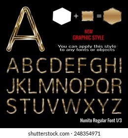 Set of golden letters and golden graphic style. You can apply this style to any fonts and objects, vector. EPS 10.