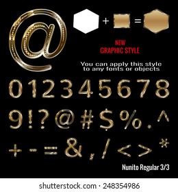 Set of golden letters and golden graphic style. You can apply this style to any fonts and objects, vector. EPS 10.