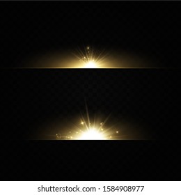 Set of golden light effects. Flashes and glares. Bright rays of light. Glowing lines. Vector illustration. Christmas flash. dust.