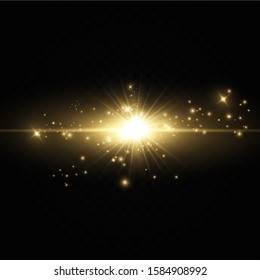 Set of golden light effects. Flashes and glares. Bright rays of light. Glowing lines. Vector illustration. Christmas flash. dust.