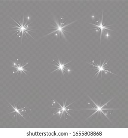 Set of golden light effects. Flashes and glares. Bright rays of light. Glowing lines. Vector illustration. Christmas flash. dust.