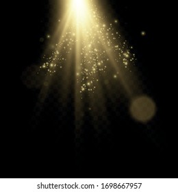 Conjunto de efectos de luz dorada. Flashes y bengalas. Brillantes rayos de luz. Líneas brillantes. Ilustración vectorial. Nochebuena. polvo.